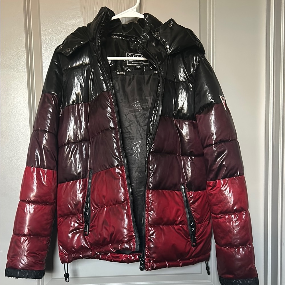 Guess Glossy Black and Burgundy Puffer Jacket